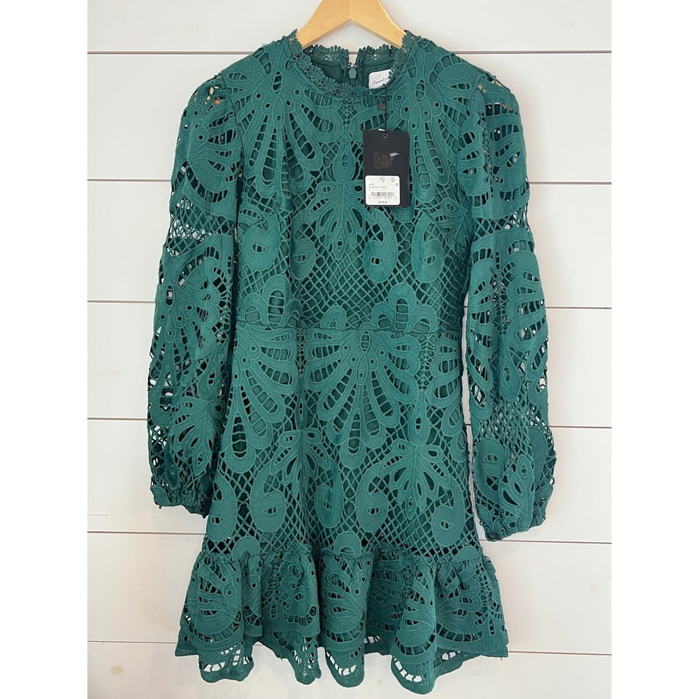 NWT Green Lace Mini Dress Long Sleeve Ruffle‎ Small fairy coquette minimalist